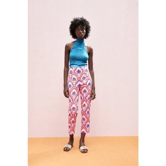 Zara Patterned Slim Fit Pants Stretch‎ High Waist - Picture 1 of 8